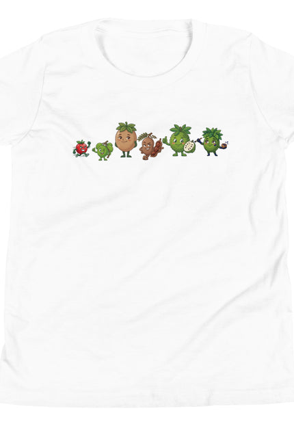 White youth t-shirt with all six Las del Campo characters lined up across chest including Guanabana Tamarindo Limoncillo Cereza Nispero and Jagua from Del Conuco