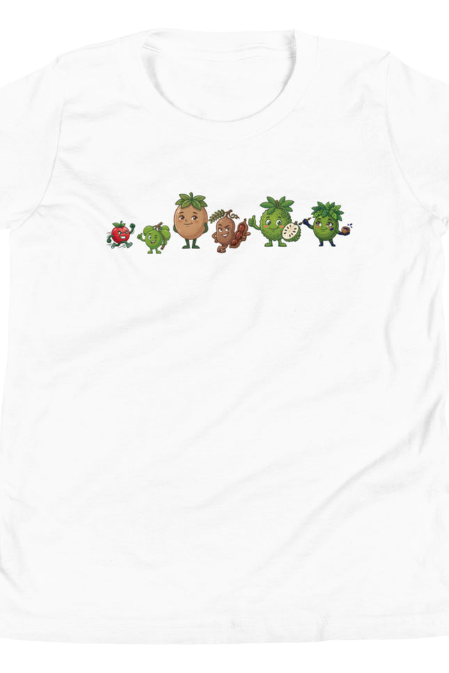 White youth t-shirt with all six Las del Campo characters lined up across chest including Guanabana Tamarindo Limoncillo Cereza Nispero and Jagua from Del Conuco