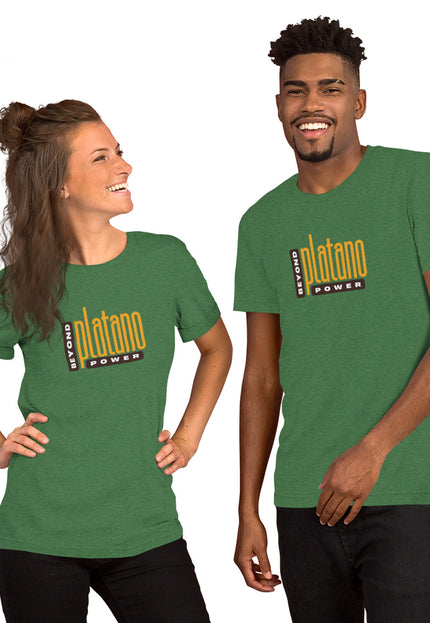 Heather green t-shirt with Beyond Platano Power stacked block design featuring large gold platano text with vertical Beyond and Power bar at bottom