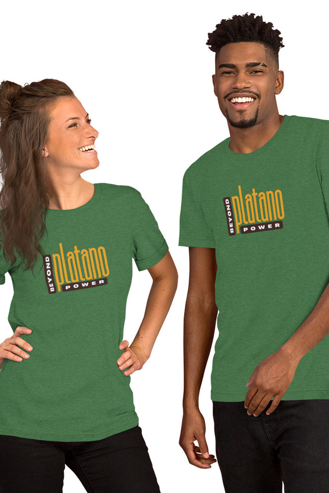 Heather green t-shirt with Beyond Platano Power stacked block design featuring large gold platano text with vertical Beyond and Power bar at bottom