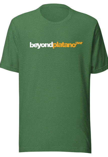 Heather green t-shirt with Beyond Platano Power horizontal inline design featuring beyond in dark text and platano in gold with PWR superscript