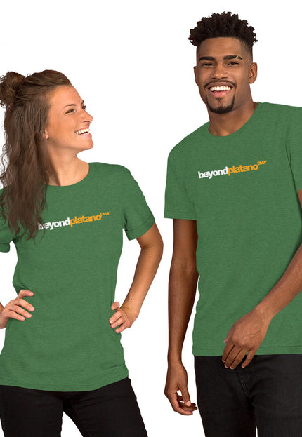 Heather green t-shirt with Beyond Platano Power horizontal inline design featuring beyond in dark text and platano in gold with PWR superscript