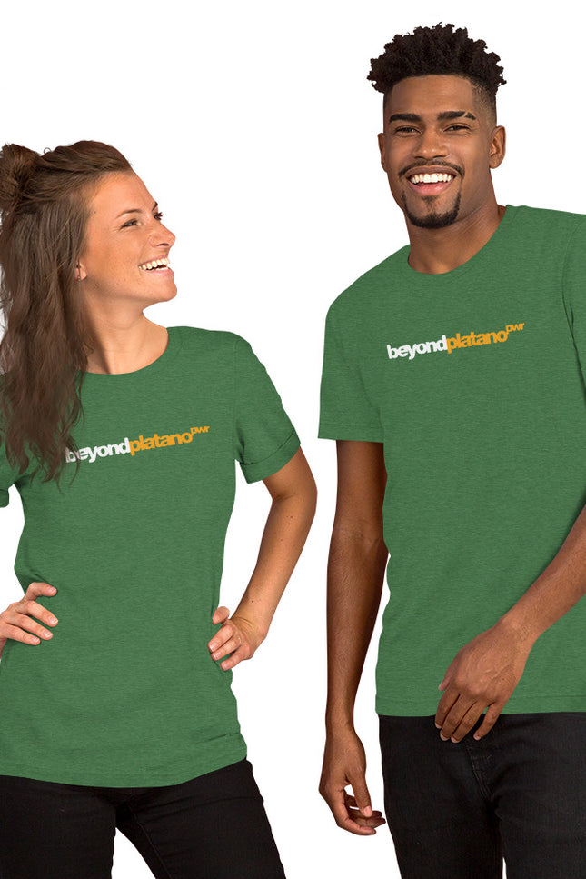 Heather green t-shirt with Beyond Platano Power horizontal inline design featuring beyond in dark text and platano in gold with PWR superscript
