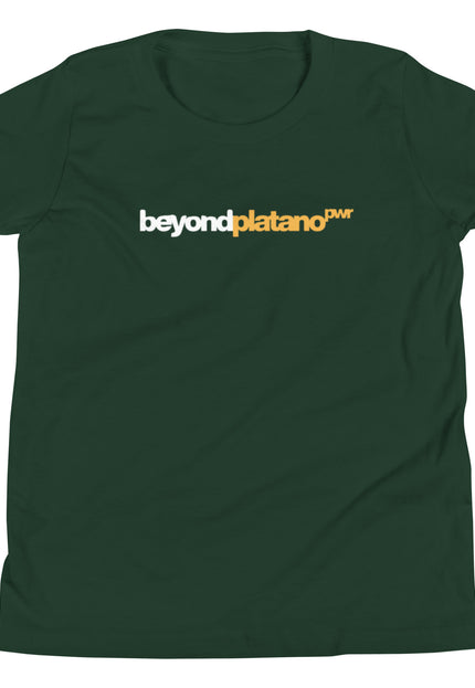 Youth forest green t-shirt with Beyond Platano Power horizontal inline design featuring beyond in dark text and platano in gold with PWR superscript