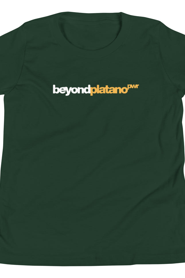 Youth forest green t-shirt with Beyond Platano Power horizontal inline design featuring beyond in dark text and platano in gold with PWR superscript