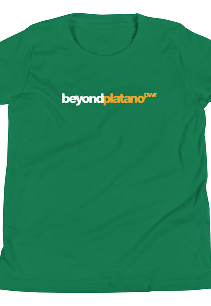 Youth forest green t-shirt with Beyond Platano Power horizontal inline design featuring beyond in dark text and platano in gold with PWR superscript
