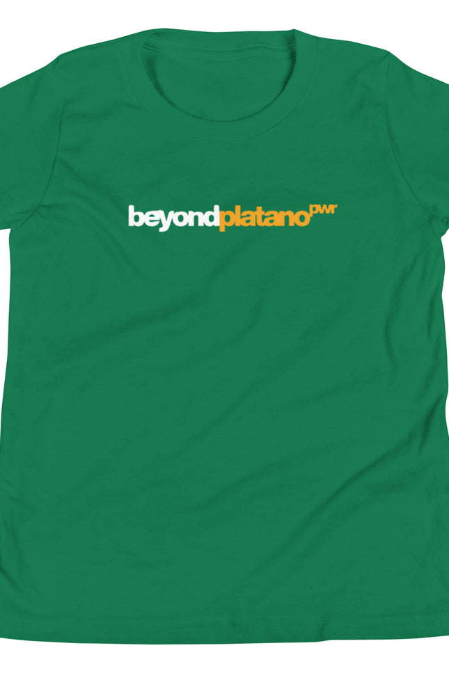 Youth forest green t-shirt with Beyond Platano Power horizontal inline design featuring beyond in dark text and platano in gold with PWR superscript