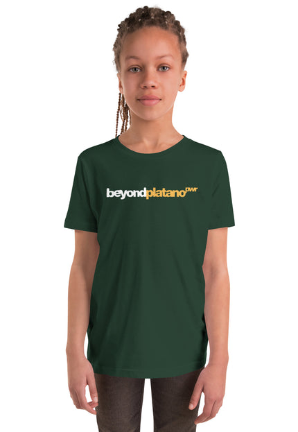 Youth forest green t-shirt with Beyond Platano Power horizontal inline design featuring beyond in dark text and platano in gold with PWR superscript