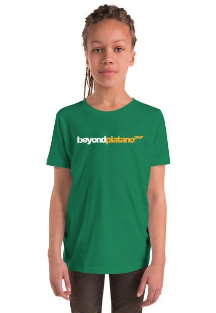 Youth forest green t-shirt with Beyond Platano Power horizontal inline design featuring beyond in dark text and platano in gold with PWR superscript