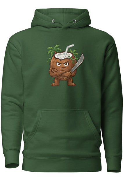 Premium hoodie with Coco coconut character from Del Conuco Las Tropicales squad with large dark brown fibrous body and calm unbothered expression