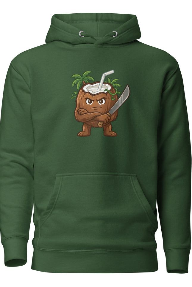 Premium hoodie with Coco coconut character from Del Conuco Las Tropicales squad with large dark brown fibrous body and calm unbothered expression