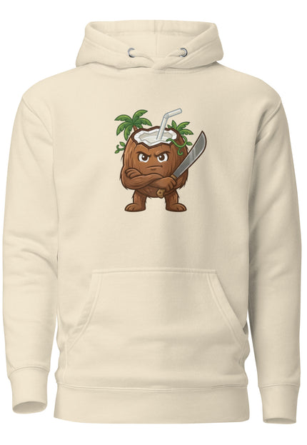 Premium hoodie with Coco coconut character from Del Conuco Las Tropicales squad with large dark brown fibrous body and calm unbothered expression