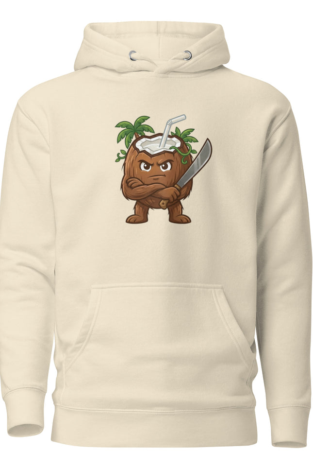 Premium hoodie with Coco coconut character from Del Conuco Las Tropicales squad with large dark brown fibrous body and calm unbothered expression