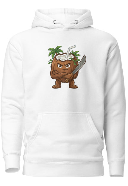 Premium hoodie with Coco coconut character from Del Conuco Las Tropicales squad with large dark brown fibrous body and calm unbothered expression