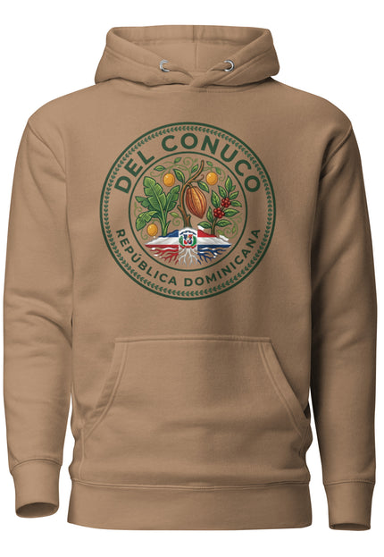 premium hoodie with Del Conuco circular brand seal featuring cacao pod, banana leaves, coffee cherries, chinola vines, Dominican flag, and shared roots