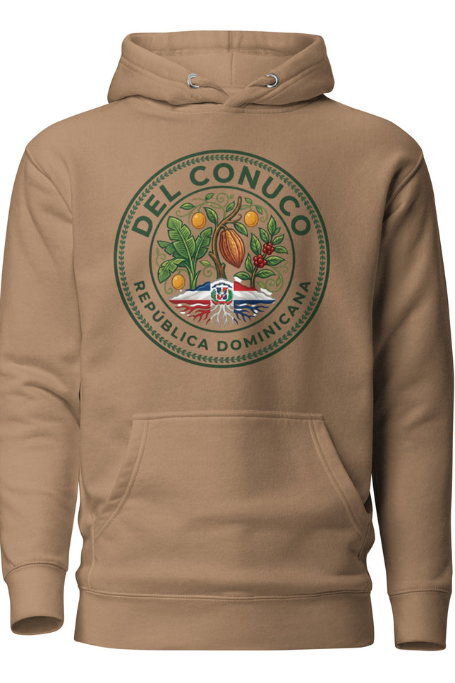 premium hoodie with Del Conuco circular brand seal featuring cacao pod, banana leaves, coffee cherries, chinola vines, Dominican flag, and shared roots