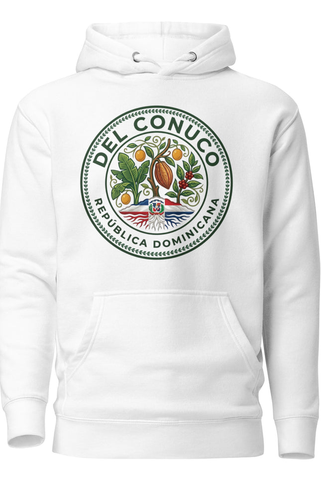 premium hoodie with Del Conuco circular brand seal featuring cacao pod, banana leaves, coffee cherries, chinola vines, Dominican flag, and shared roots
