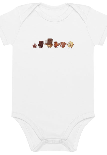 La Pandilla del Cacao squad design featuring Brown Buddy, Dark Choco, Milk Choco, White Choco, Embajador, and Cacao Nibs on a Del Conuco baby bodysuit