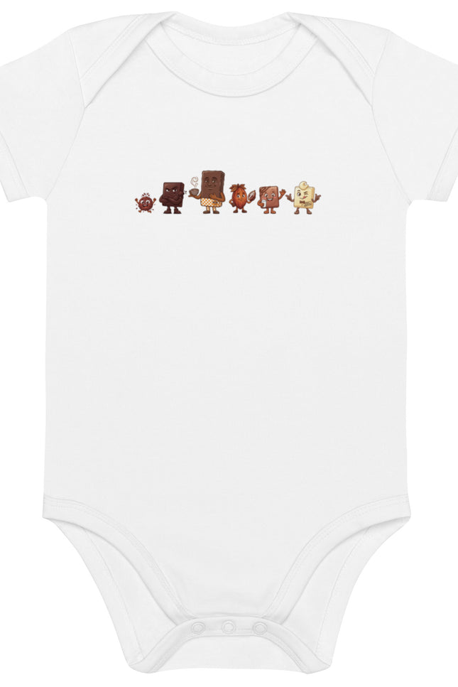 La Pandilla del Cacao squad design featuring Brown Buddy, Dark Choco, Milk Choco, White Choco, Embajador, and Cacao Nibs on a Del Conuco baby bodysuit