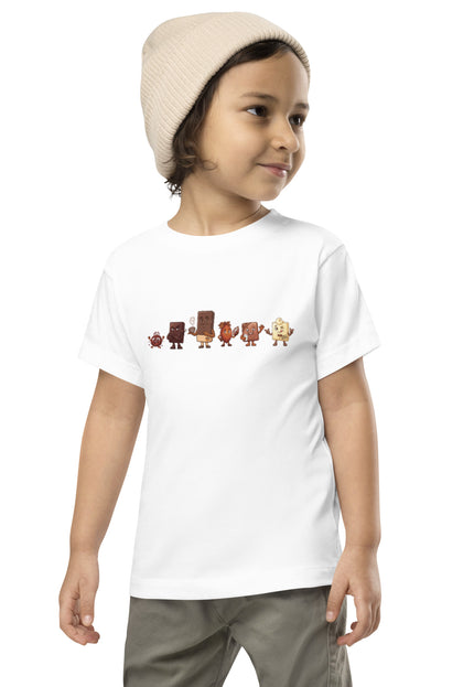 La Pandilla del Cacao squad design featuring Brown Buddy, Dark Choco, Milk Choco, White Choco, Embajador, and Cacao Nibs on a Del Conuco toddler short sleeve tee