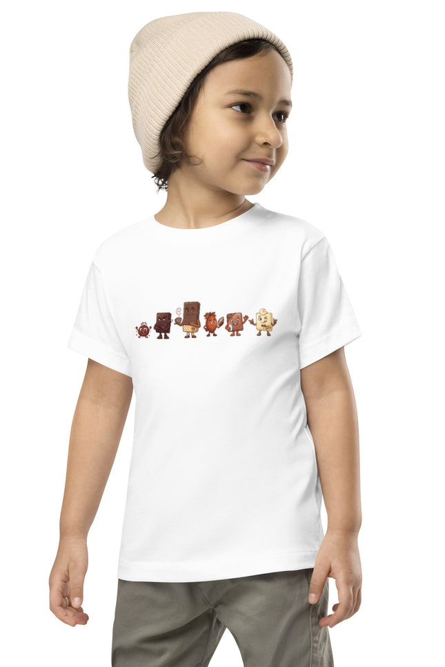 La Pandilla del Cacao squad design featuring Brown Buddy, Dark Choco, Milk Choco, White Choco, Embajador, and Cacao Nibs on a Del Conuco toddler short sleeve tee