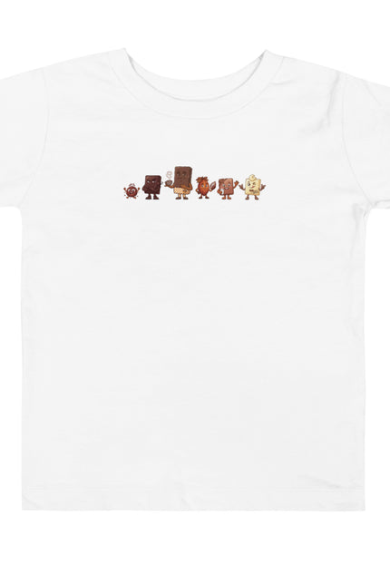 La Pandilla del Cacao squad design featuring Brown Buddy, Dark Choco, Milk Choco, White Choco, Embajador, and Cacao Nibs on a Del Conuco toddler short sleeve tee