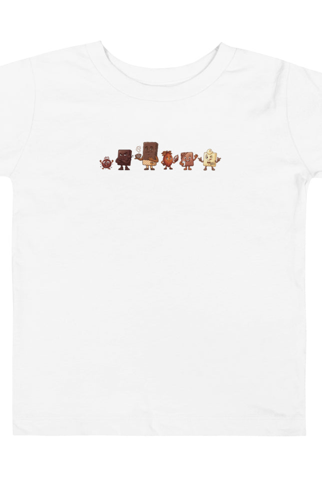 La Pandilla del Cacao squad design featuring Brown Buddy, Dark Choco, Milk Choco, White Choco, Embajador, and Cacao Nibs on a Del Conuco toddler short sleeve tee