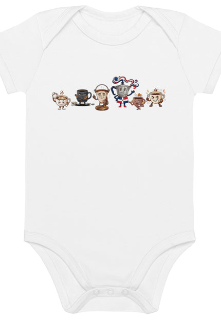 La Pandilla del Café squad design featuring Cafecito, Greca, Café con Leche, Colador, Café Amargo, and Medio Pollo on a Del Conuco baby bodysuit