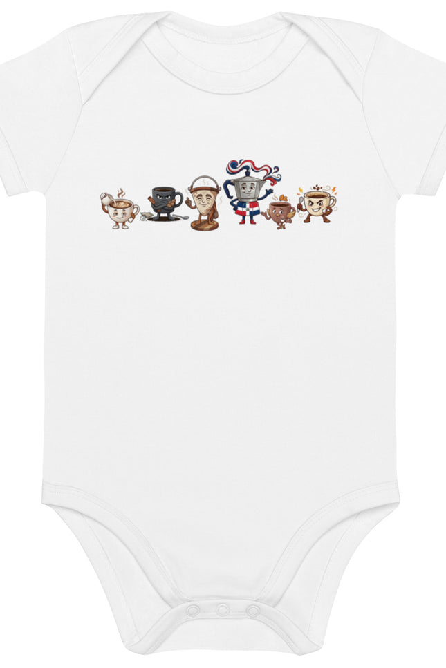 La Pandilla del Café squad design featuring Cafecito, Greca, Café con Leche, Colador, Café Amargo, and Medio Pollo on a Del Conuco baby bodysuit