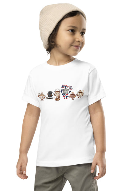 La Pandilla del Café squad design featuring Cafecito, Greca, Café con Leche, Colador, Café Amargo, and Medio Pollo on a Del Conuco toddler short sleeve tee