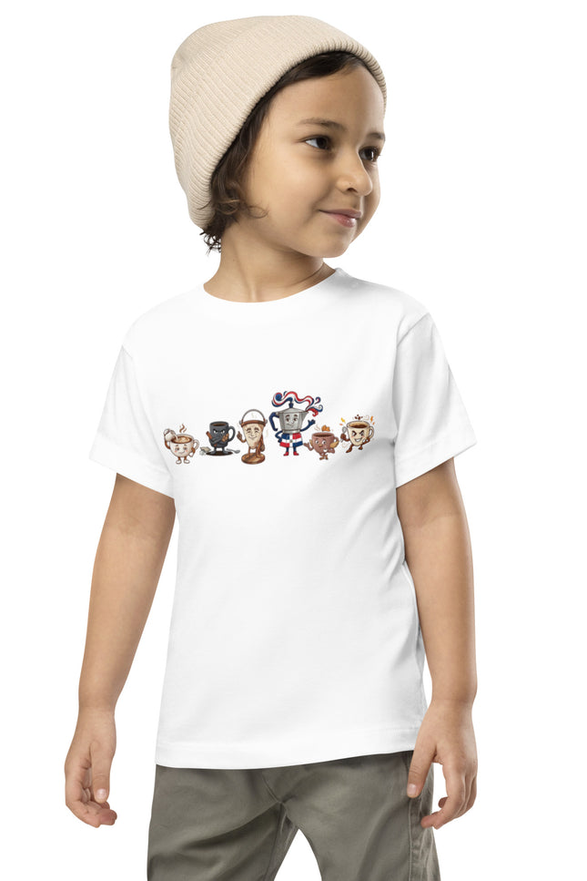 La Pandilla del Café squad design featuring Cafecito, Greca, Café con Leche, Colador, Café Amargo, and Medio Pollo on a Del Conuco toddler short sleeve tee