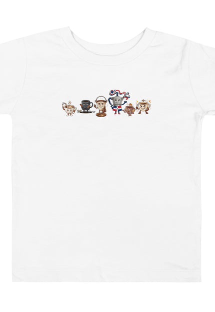 La Pandilla del Café squad design featuring Cafecito, Greca, Café con Leche, Colador, Café Amargo, and Medio Pollo on a Del Conuco toddler short sleeve tee