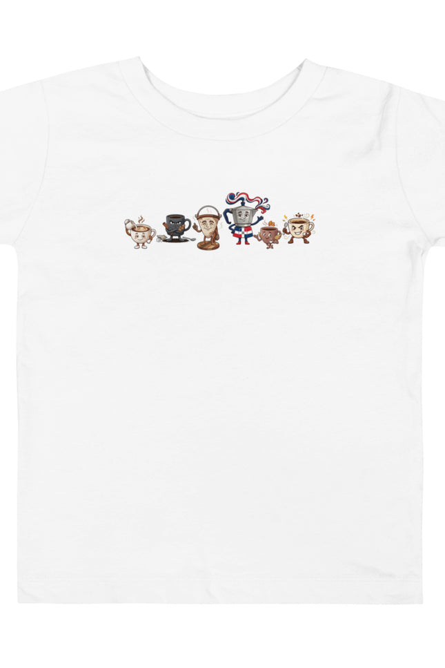 La Pandilla del Café squad design featuring Cafecito, Greca, Café con Leche, Colador, Café Amargo, and Medio Pollo on a Del Conuco toddler short sleeve tee