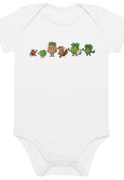 Las del Campo squad design featuring Guanábana, Tamarindo, Limoncillo, Cereza, Níspero, and Jagua on a Del Conuco baby bodysuit