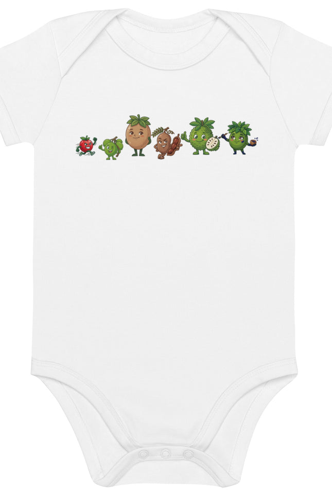 Las del Campo squad design featuring Guanábana, Tamarindo, Limoncillo, Cereza, Níspero, and Jagua on a Del Conuco baby bodysuit