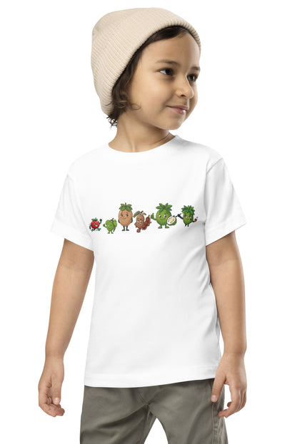 Las del Campo squad design featuring Guanábana, Tamarindo, Limoncillo, Cereza, Níspero, and Jagua on a Del Conuco toddler short sleeve tee