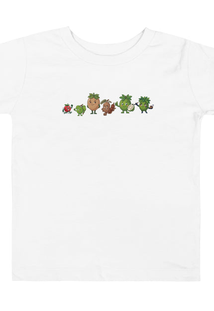 Las del Campo squad design featuring Guanábana, Tamarindo, Limoncillo, Cereza, Níspero, and Jagua on a Del Conuco toddler short sleeve tee