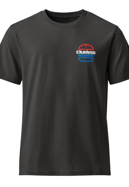 Clueless Chimi Flag Edition design with a red, white, and blue chimi burger logo on a black garment-dyed vintage t-shirt