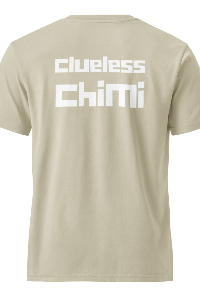 Clueless Chimi Flag Edition design with a red, white, and blue chimi burger logo on a black garment-dyed vintage t-shirt