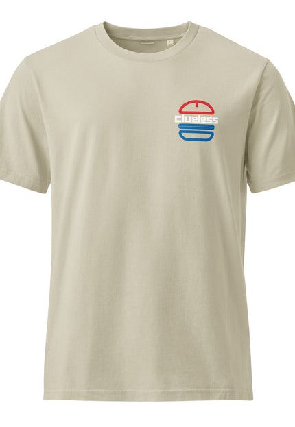 Clueless Chimi Flag Edition design with a red, white, and blue chimi burger logo on a black garment-dyed vintage t-shirt