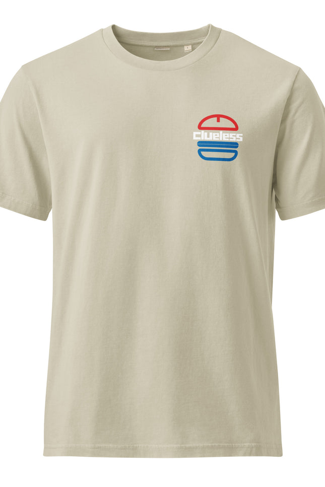 Clueless Chimi Flag Edition design with a red, white, and blue chimi burger logo on a black garment-dyed vintage t-shirt