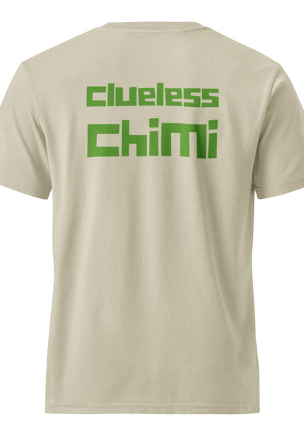 Clueless Chimi design with a chimi burger logo and green Del Conuco lettering on a sandstone garment-dyed vintage t-shirt