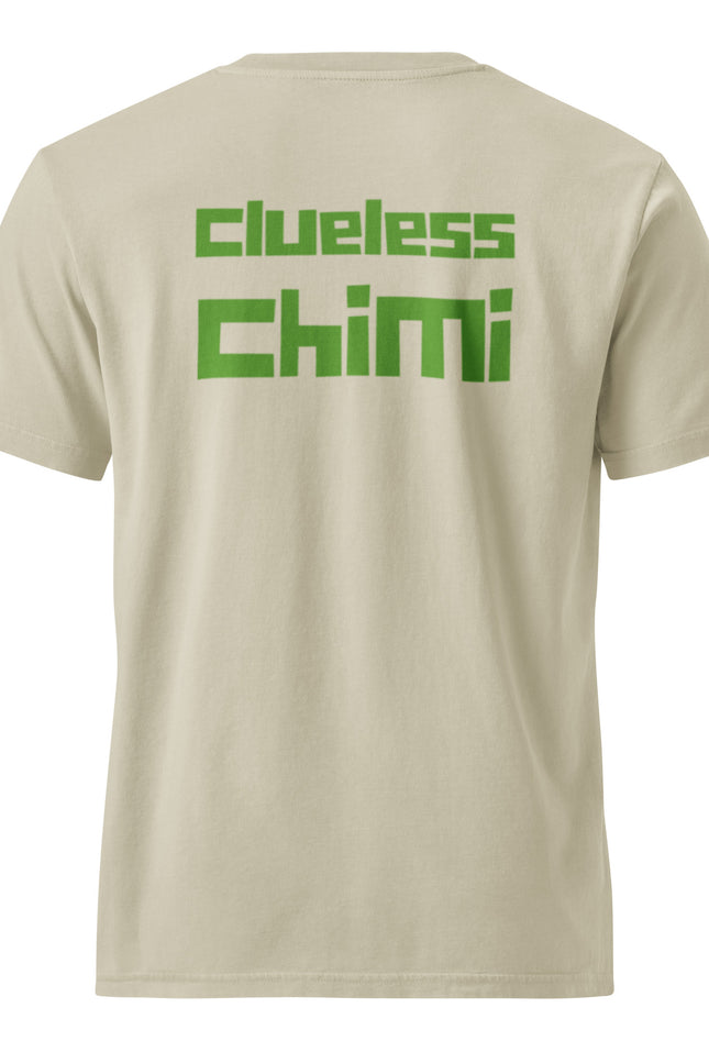 Clueless Chimi design with a chimi burger logo and green Del Conuco lettering on a sandstone garment-dyed vintage t-shirt
