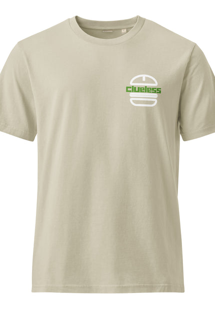Clueless Chimi design with a chimi burger logo and green Del Conuco lettering on a sandstone garment-dyed vintage t-shirt