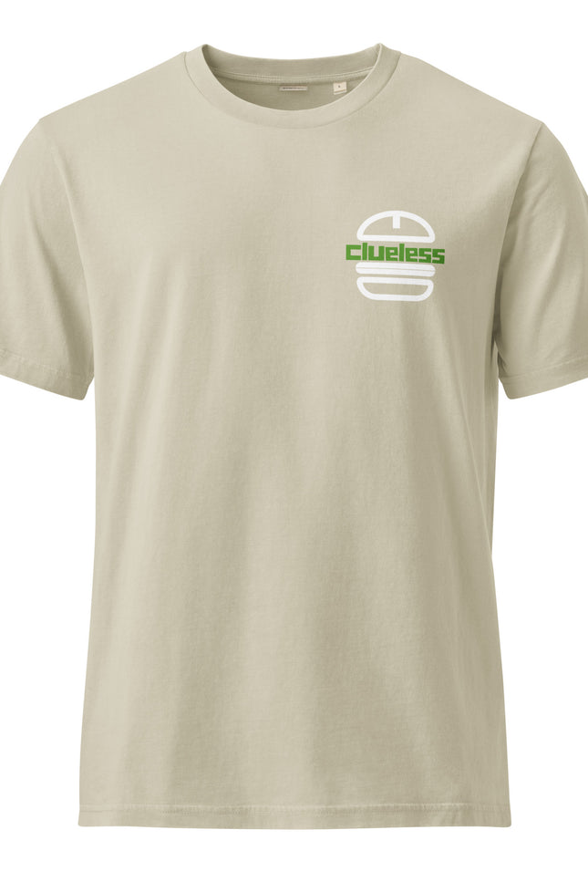 Clueless Chimi design with a chimi burger logo and green Del Conuco lettering on a sandstone garment-dyed vintage t-shirt