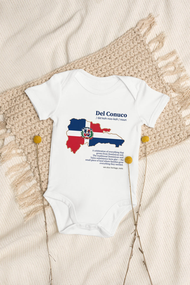 White Del Conuco baby bodysuit with Dominican flag map and blue definition lettering