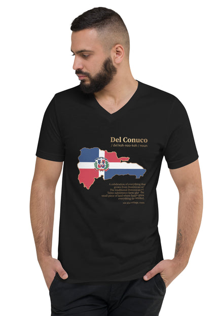 Black garment Del Conuco v neck tee with Dominican flag map and gold definition lettering