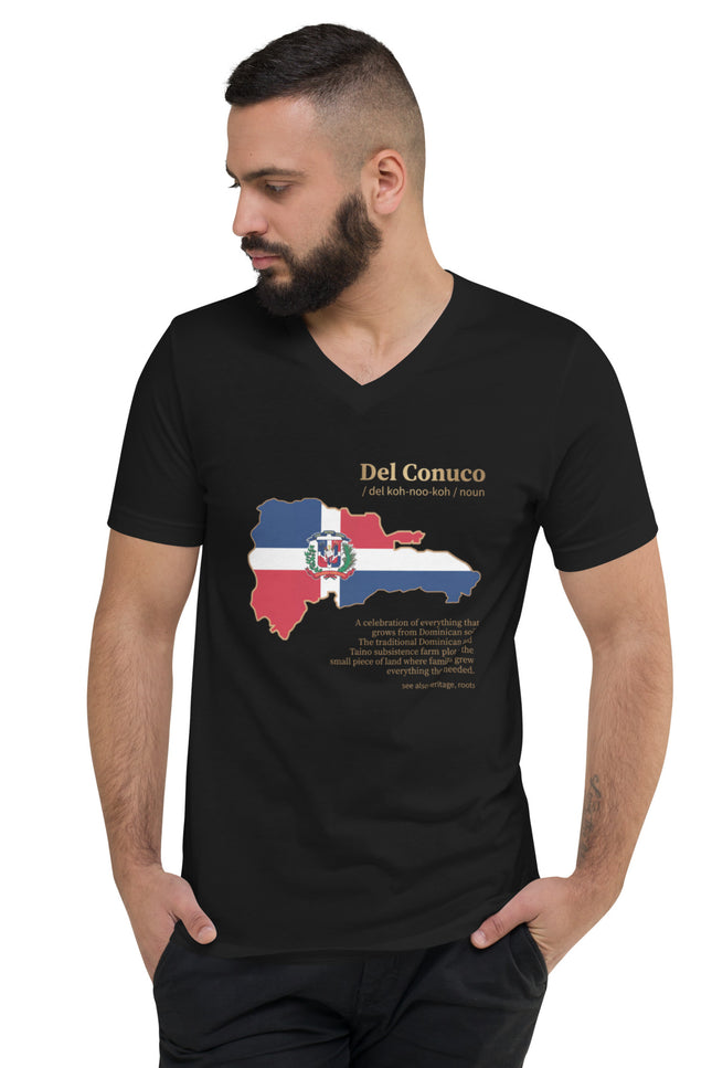 Black garment Del Conuco v neck tee with Dominican flag map and gold definition lettering