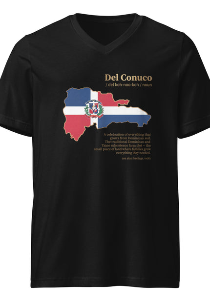 Black garment Del Conuco v neck tee with Dominican flag map and gold definition lettering