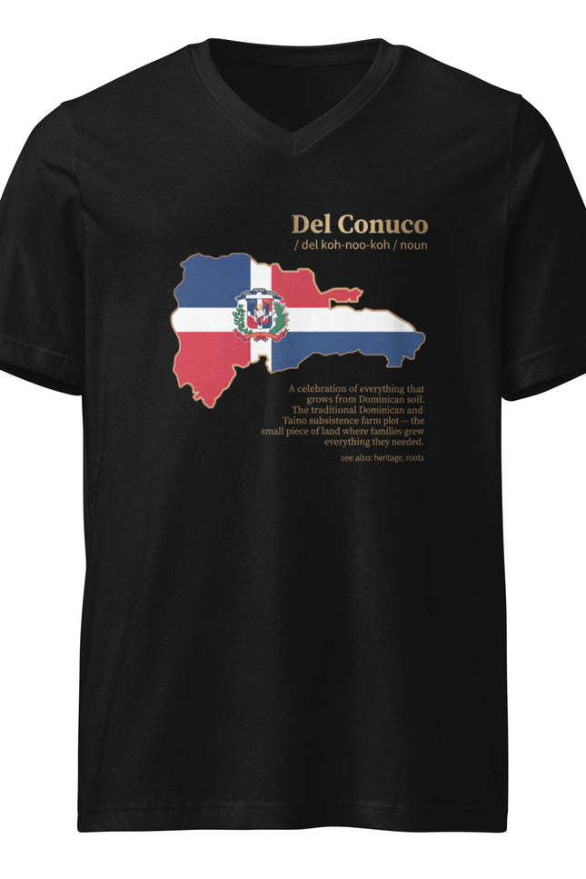 Black garment Del Conuco v neck tee with Dominican flag map and gold definition lettering